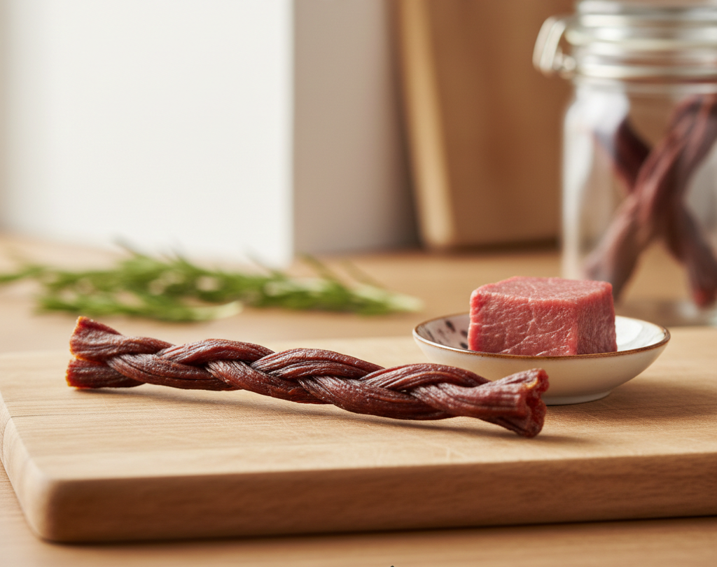 Imagen de Snack sobre una tabla de madera y un filete al lado.