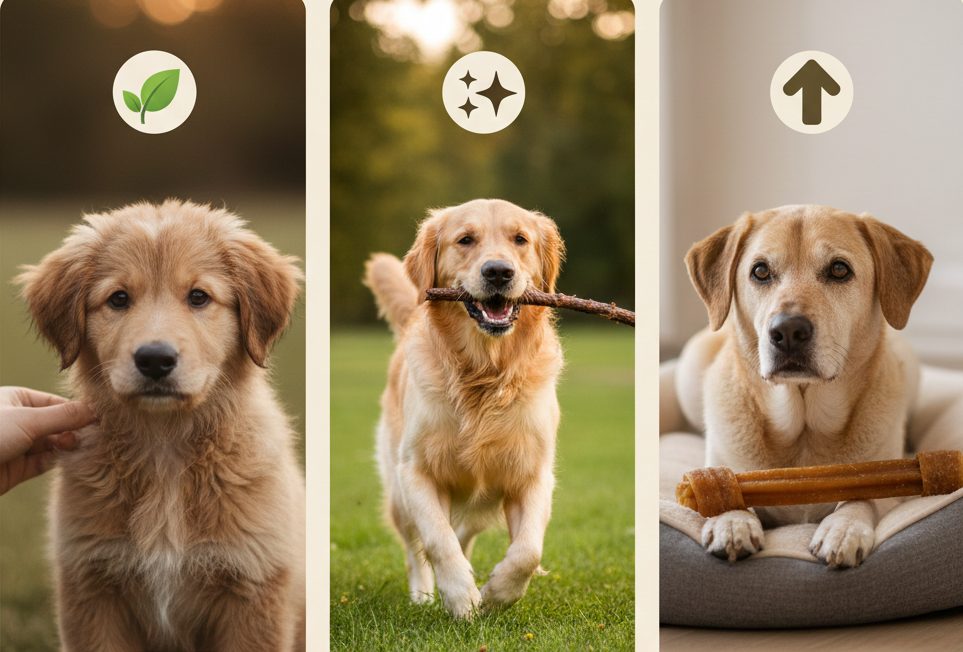 Imagen de perros que representan salud, proteína y colágeno natural, y bienestar emocional.