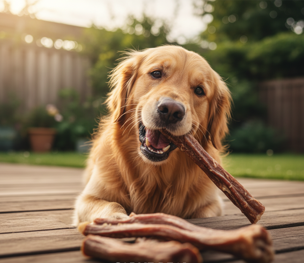 Imagen de perro mordiendo un snack.