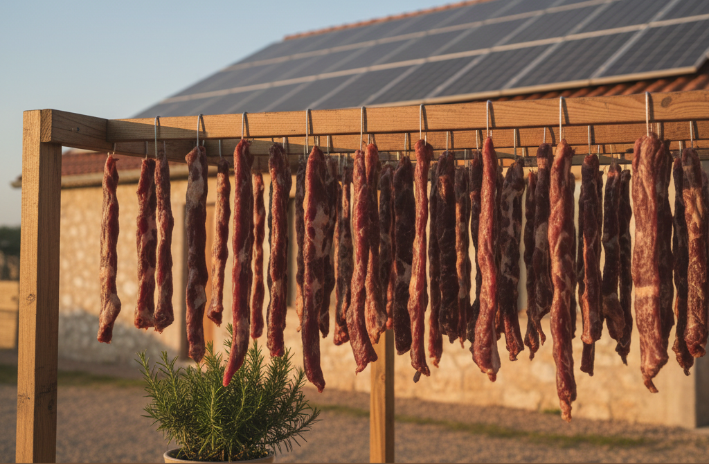 Imagen de los snacks secándose de forma natural, y la empresa con placas solares.